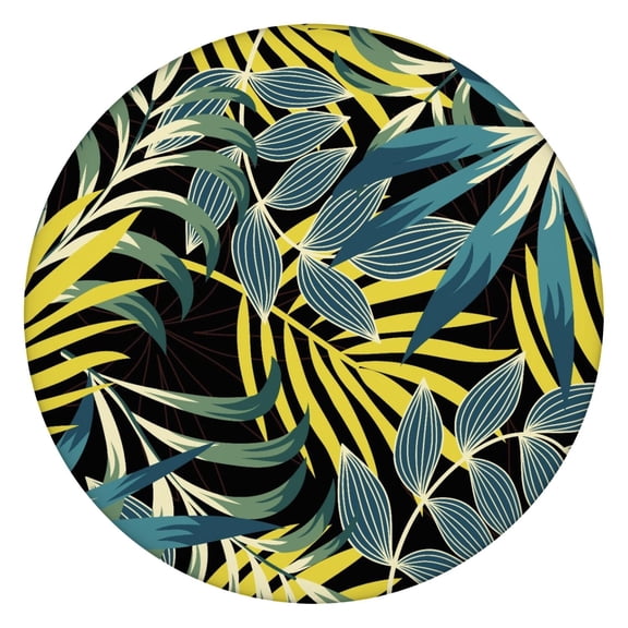 Round Fitted Tablecloth with Elastic Edge Featuring Retro Tropical Plant and Leafy Botanical Prints, Waterproof Vinyl, Backed for Table Protection, Perfect for Outdoor Parties