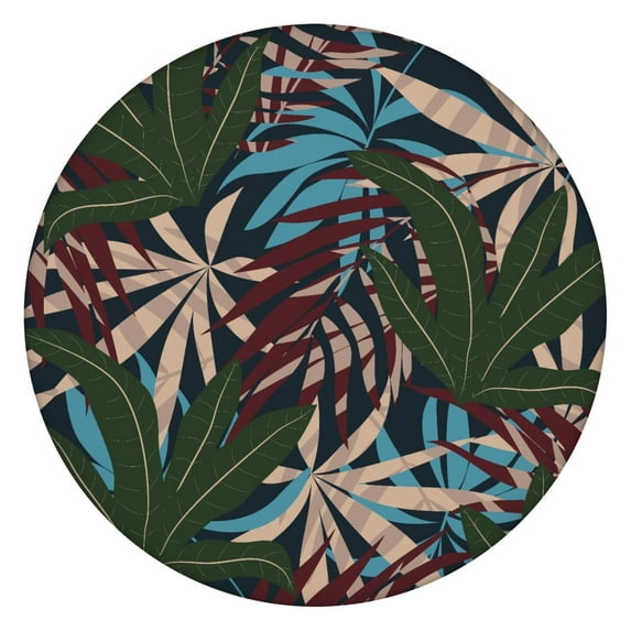Round Fitted Tablecloth with Elastic Edge Featuring Retro Tropical Plant and Leafy Botanical Prints, Waterproof Vinyl, Backed for Table Protection, Perfect for Outdoor Parties