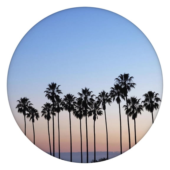 Round Fitted Tablecloth with Elastic Edge Featuring Tropical Beach Sunset and Minimalist Palm Tree Prints, Waterproof Vinyl, Backed for Table Protection, Perfect for Outdoor Use