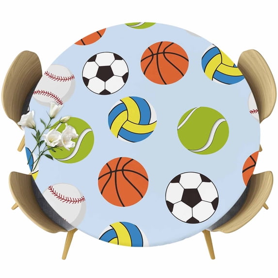 Round Fitted Tablecloth with Elastic Edge, Football Basketball Baseball Football Fitted Table Cloth for Round Tables, Blue Sport Theme Waterproof Tablecloth for Outdoor Picnic Party 55-60in