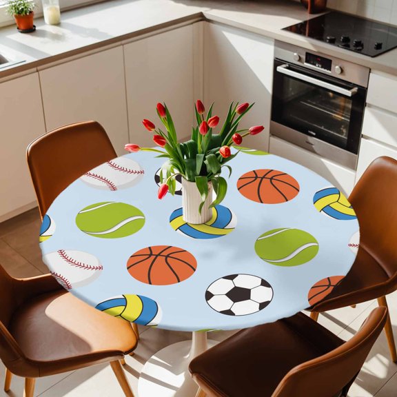 Round Fitted Tablecloth with Elastic Edge, Football Basketball Baseball Football Fitted Table Cloth for Round Tables, Blue Sport Theme Waterproof Tablecloth for Outdoor Picnic Party 36-44in