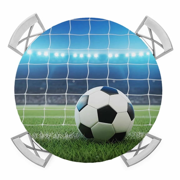 Round Fitted Tablecloth with Elastic Edge, Football Games Waterproof Table Cloth Table Cover for 36"-44" Tables, Modern Stadium Ball Sports Goal Tablecloths for Dining Picnic Party Outdoor