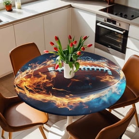 Round Fitted Tablecloth with Elastic Edge, Football Ice and Fire Abstract Art Fitted Table Cloth for Round Tables, Rugby Technological Style Waterproof Tablecloth for Outdoor Picnic Party 36-44in