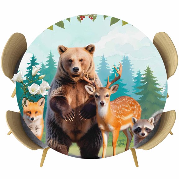Round Fitted Tablecloth with Elastic Edge, Forest Bear Deer Fox Squirrel Fitted Table Cloth for Round Tables, Farmhouse Tree Berry Leaf Waterproof Tablecloth for Outdoor Picnic Party 55-60in