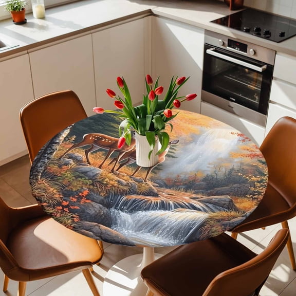 Round Fitted Tablecloth with Elastic Edge, Forest Deer River Landscape Fitted Table Cloth for Round Tables, Nature Waterfall Scenery Waterproof Tablecloth for Outdoor Picnic Party 36-44in
