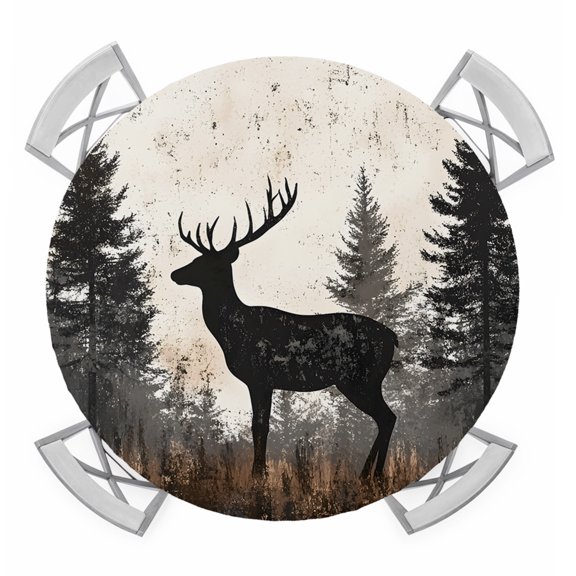 Round Fitted Tablecloth with Elastic Edge, Forest Elk Waterproof Table Cloth Table Cover for 55"-60" Tables, Rustic Nature Tree Retro Deer Silhouette Tablecloths for Dining Picnic Party Outdoor