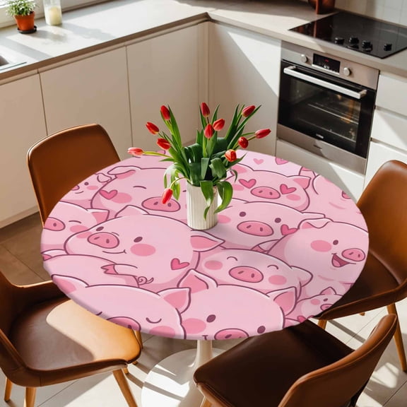 Round Fitted Tablecloth with Elastic Edge, Funny Cartoon Pink Pig Hearts Fitted Table Cloth for Round Tables, Cute Animals Sketch Waterproof Tablecloth for Outdoor Picnic Party 36-44in