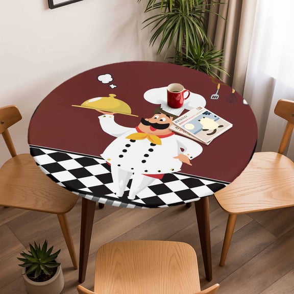 Round Fitted Tablecloth with Elastic Edge, Funny Chef Food Cutlery Fitted Table Cloth for Round Tables, Black White Plaid Dark Maroon Waterproof Tablecloth for Outdoor Picnic Party 45-54in