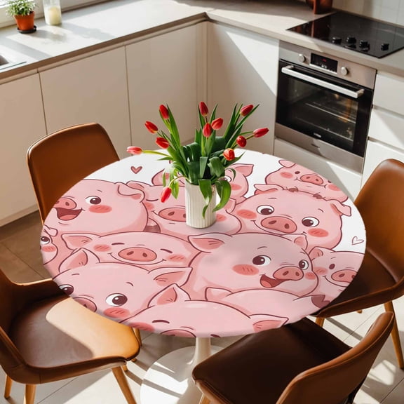Round Fitted Tablecloth with Elastic Edge, Funny Cute Pink Pig Hearts Fitted Table Cloth for Round Tables, Cartoon Animals Waterproof Tablecloth for Outdoor Picnic Party 36-44in