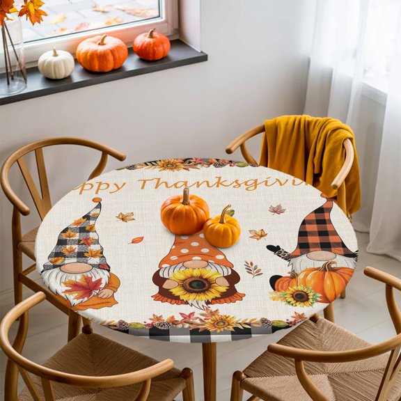 Round Fitted Tablecloth with Elastic Edge, Funny Gnome with Farm Harvest Pumpkins Fitted Table Cloth for Round Tables, Retro Linen Waterproof Tablecloth for Outdoor Picnic Party 36-44in