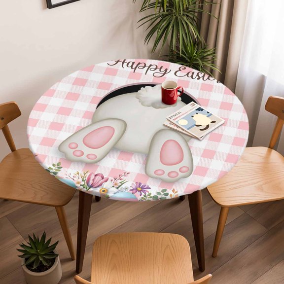 Round Fitted Tablecloth with Elastic Edge, Funny Rabbits Butt Colorful Easter Eggs Fitted Table Cloth for Round Tables, Pink White Buffalo Tartan Waterproof Tablecloth for Outdoor Picnic 45-54in