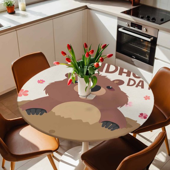 Round Fitted Tablecloth with Elastic Edge, GROUNDHOG DAY Words Fitted Table Cloth for Round Tables, Cute Marmot Flowers Waterproof Tablecloth for Outdoor Picnic Party 36-44in