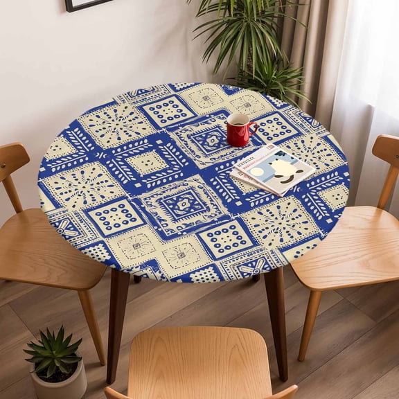 Round Fitted Tablecloth with Elastic Edge, Geometric Ethnic Rhombus Lattice Polka Dots Fitted Table Cloth for Round Tables, Tribal Folk Pattern Waterproof Tablecloth for Outdoor Picnic Party 45-54in