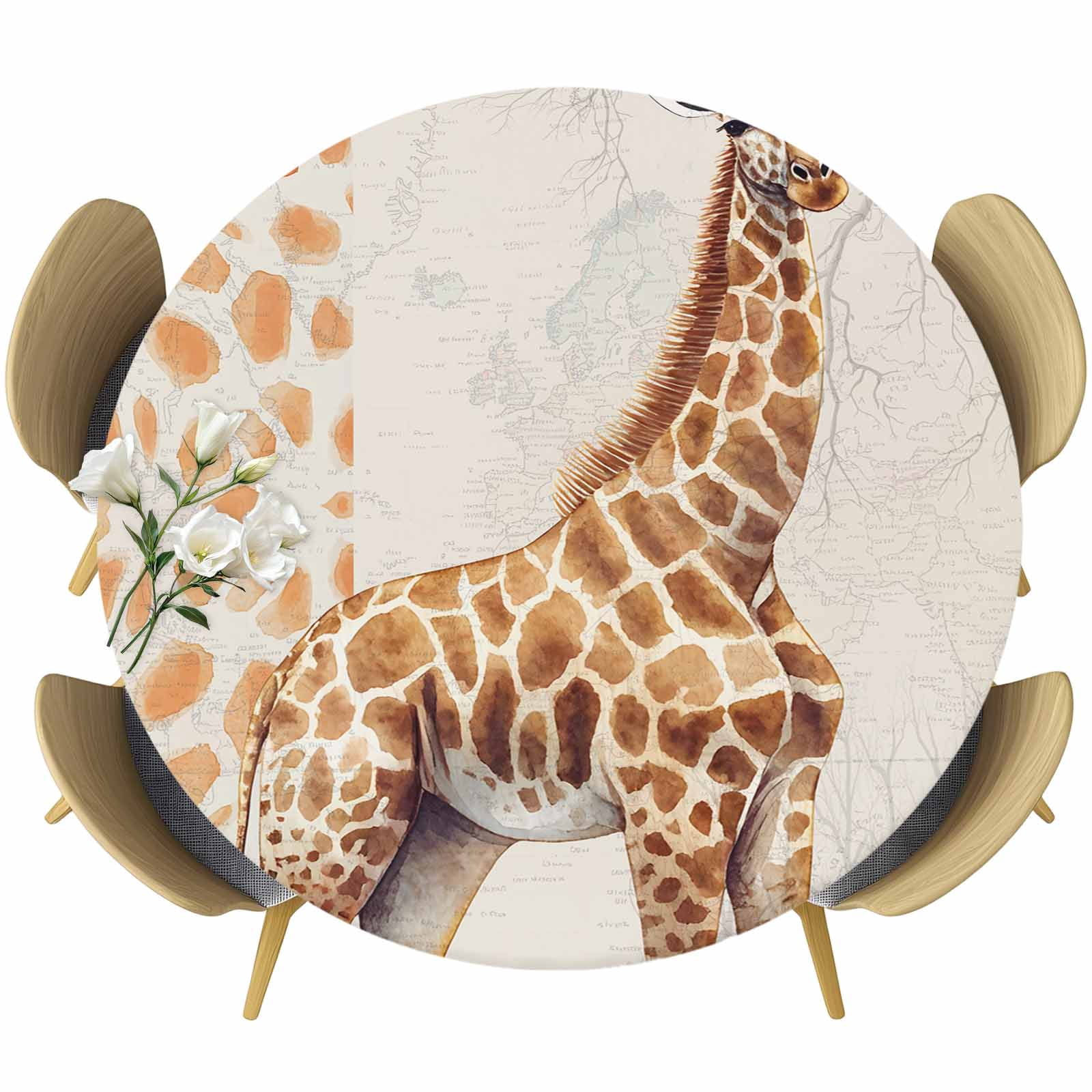 Round Fitted Tablecloth with Elastic Edge, Giraffe Cute Animals Animal ...