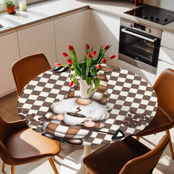 Round Fitted Tablecloth with Elastic Edge, Gnome Coffee Beans Fitted Table Cloth for Round Tables, Classic Brown Buffalo Plaid Waterproof Tablecloth for Outdoor Picnic Party 36-44in