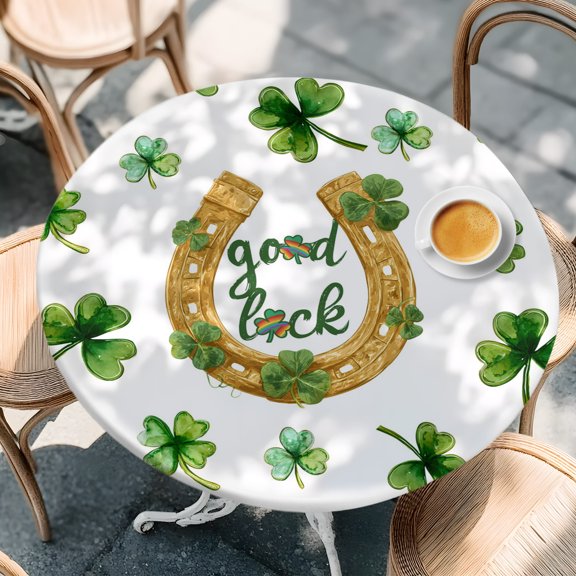 Round Fitted Tablecloth with Elastic Edge, Good Lucky Clovers Leaves Horseshoe Waterproof Oil-Proof Table Cover, St Patrick's Day Shamrock Circle Table Cloth for Indoor Outdoor Picnic Party 36"x44"