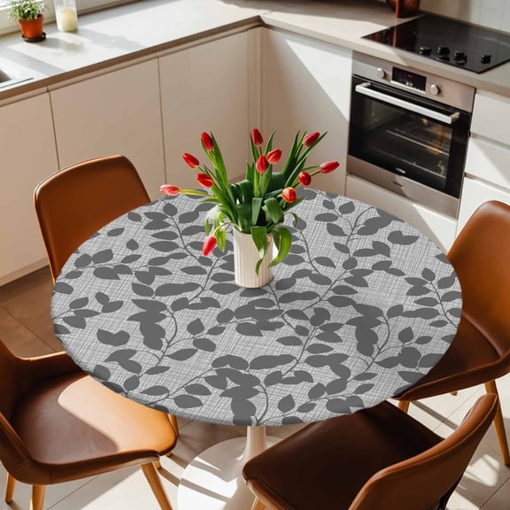 Round Fitted Tablecloth with Elastic Edge, Gray Overlay Leaves Seamless Fitted Table Cloth for Round Tables, Abstract Leaf and Stripes Waterproof Tablecloth for Outdoor Picnic Party 36-44in