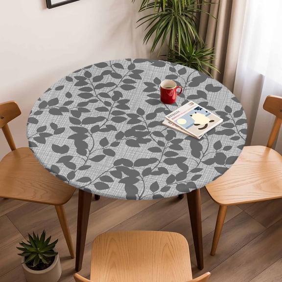 Round Fitted Tablecloth with Elastic Edge, Gray Overlay Leaves Seamless Fitted Table Cloth for Round Tables, Abstract Leaf and Stripes Waterproof Tablecloth for Outdoor Picnic Party 45-54in