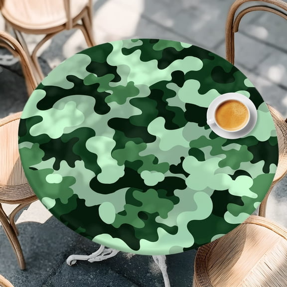 Round Fitted Tablecloth with Elastic Edge, Green Camouflages Patriotic Waterproof Oil-Proof Table Cover, Graffiti Style Circle Table Cloth for Indoor Outdoor Picnic Party 36"x44"