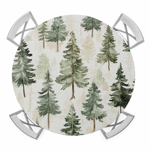 Round Fitted Tablecloth with Elastic Edge, Green Christmas Tree Waterproof Table Cloth Table Cover for 45"-54" Tables, Watercolor Xmas Tree Rustic Tablecloths for Dining Picnic Party Outdoor