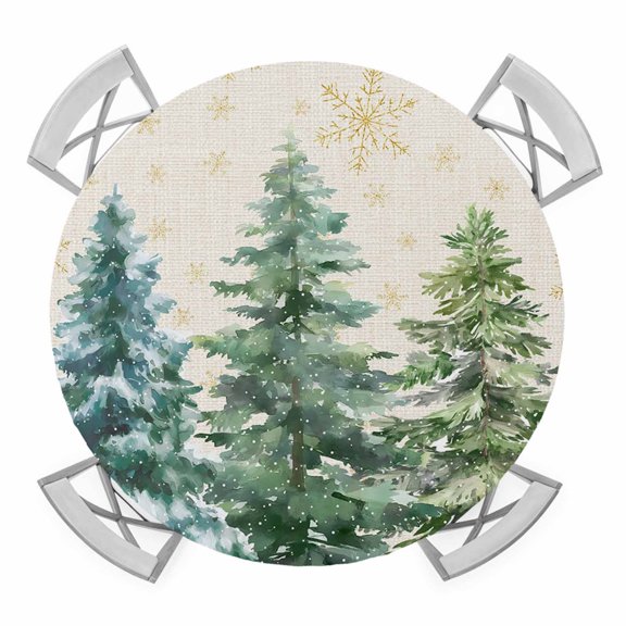 Round Fitted Tablecloth with Elastic Edge, Green Christmas Tree Waterproof Table Cloth Table Cover for 55"-60" Tables, Green Xmas Tree Snowflake Rustic Tablecloths for Dining Picnic Party Outdoor