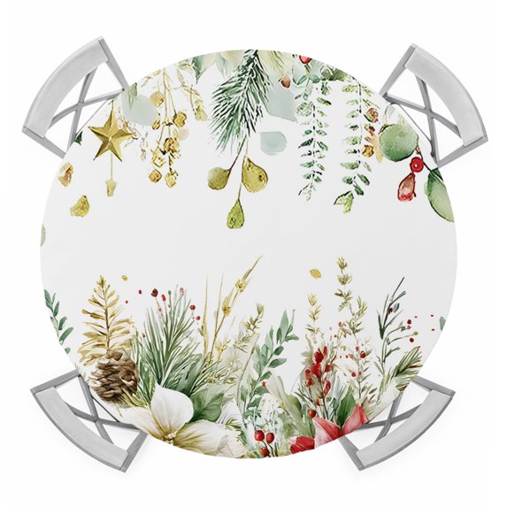 Round Fitted Tablecloth with Elastic Edge, Green Christmas Waterproof Table Cloth Table Cover for 45"-54" Tables, Xmas Botanical Poinsettia Winter Tablecloths for Dining Picnic Party Outdoor