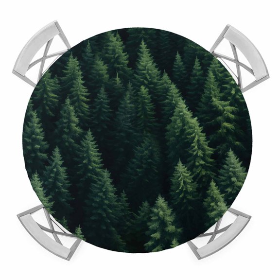 Round Fitted Tablecloth with Elastic Edge, Green Forest Waterproof Table Cloth Table Cover for 45"-54" Tables, Modern Pine Trees Mysterious Art Tablecloths for Dining Picnic Party Outdoor
