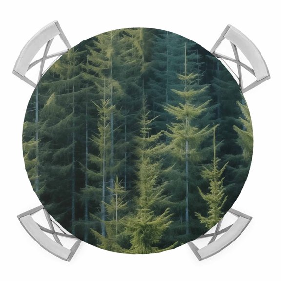 Round Fitted Tablecloth with Elastic Edge, Green Forest Waterproof Table Cloth Table Cover for 45"-54" Tables, Pine Tree Summer Botanical Modern Art Tablecloths for Dining Picnic Party Outdoor