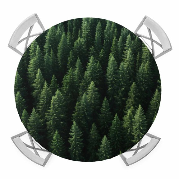 Round Fitted Tablecloth with Elastic Edge, Green Forest Waterproof Table Cloth Table Cover for 45"-54" Tables, Pine Trees Modern Mysterious Art Tablecloths for Dining Picnic Party Outdoor