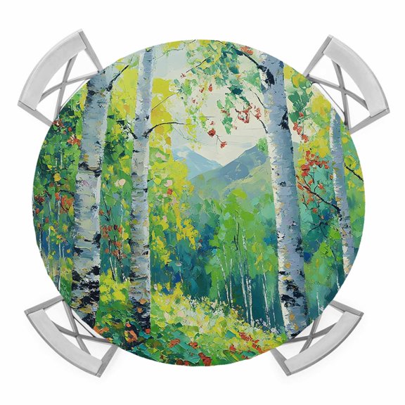 Round Fitted Tablecloth with Elastic Edge, Green Oil Painting Waterproof Table Cloth Table Cover for 36"-44" Tables, Modern Abstract Art Summer Tree Tablecloths for Dining Picnic Party Outdoor