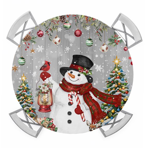 Round Fitted Tablecloth with Elastic Edge, Grey Christmas Waterproof Table Cloth Table Cover for 36"-44" Tables, Snowman Xmas Tree Ball Snowflake Winter Wooden Tablecloths for Dining Party Outdoor