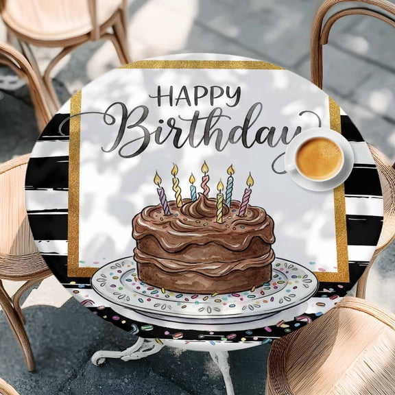 Round Fitted Tablecloth with Elastic Edge, Happy Birthday Words Cake Waterproof Oil-Proof Table Cover, Black White Striped Circle Table Cloth for Indoor Outdoor Picnic Party 36"x44"