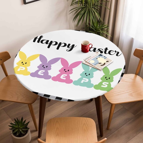 Round Fitted Tablecloth with Elastic Edge, Happy Easter Colorful Bunny Peeps Fitted Table Cloth for Round Tables, Black and White Lattice Grid Waterproof Tablecloth for Outdoor Picnic Party 45-54in