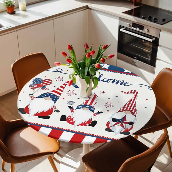 Round Fitted Tablecloth with Elastic Edge, Happy Independence Day Funny Gnome Fitted Table Cloth for Round Tables, Stars and Stripes Waterproof Tablecloth for Outdoor Picnic Party 36-44in