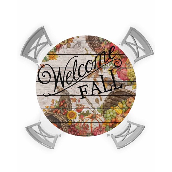 Round Fitted Tablecloth with Elastic Edge, Harvest Fruits Pumpkins Robin Wood Grain Waterproof Oil-Proof Wipeable Tablecloth Decorative Table Cover for Indoor/Outdoor, Fit 36" - 44" Round Table