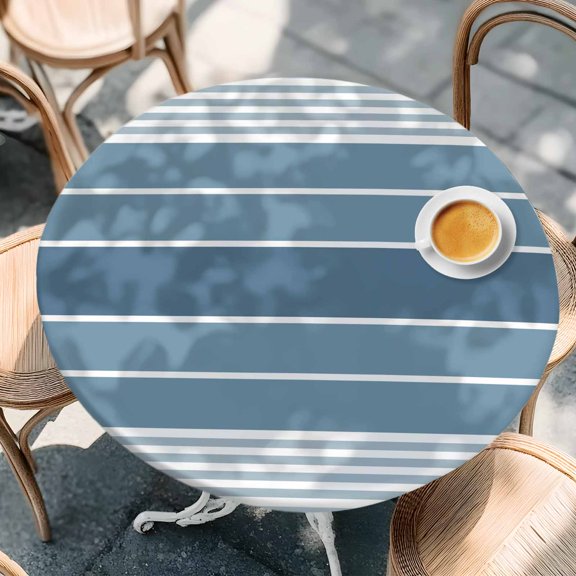 Round Fitted Tablecloth with Elastic Edge, Haze Blue Gradient Summer Ocean Theme Waterproof Oil-Proof Table Cover, Abstract Geometric Circle Table Cloth for Indoor Outdoor Picnic Party 36"x44"