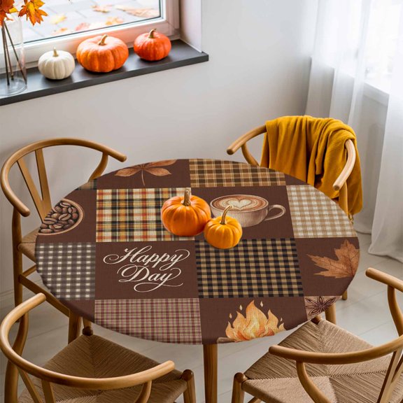 Round Fitted Tablecloth with Elastic Edge, Hello Fall Happy Day Words Fitted Table Cloth for Round Tables, Maple Leaves Coffee Waterproof Tablecloth for Outdoor Picnic Party 36-44in