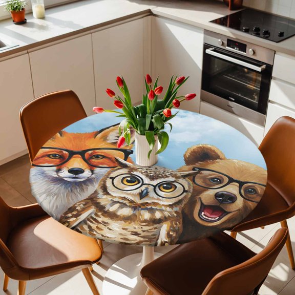 Round Fitted Tablecloth with Elastic Edge, Hipster Fox Owl Fitted Table Cloth for Round Tables, Bear with Glasses Abstract Animal Art Waterproof Tablecloth for Outdoor Picnic Party 36-44in