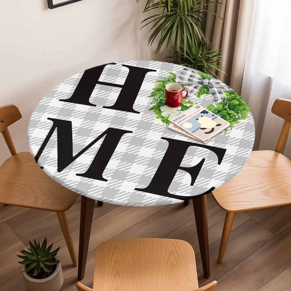 Round Fitted Tablecloth with Elastic Edge, Home Green Garland Gray Gingham Check Fitted Table Cloth for Round Tables, Bow Flower White Buffalo Plaid Waterproof Tablecloth for Outdoor Picnic 45-54in