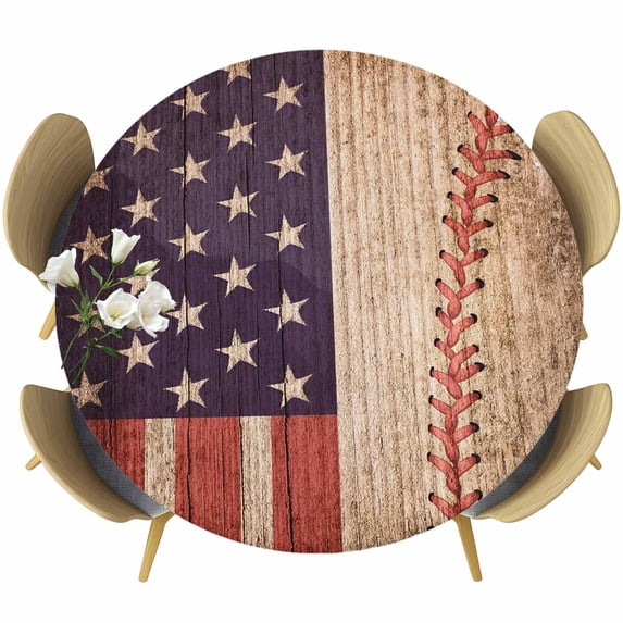 Round Fitted Tablecloth with Elastic Edge, Independence Day American Flag Fitted Table Cloth for Round Tables, Baseball Sport Retro Wood Grain Waterproof Tablecloth for Outdoor Picnic Party 55-60in