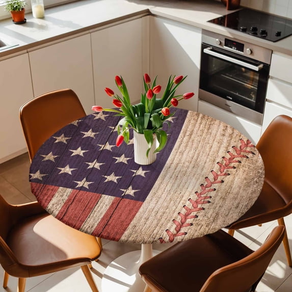Round Fitted Tablecloth with Elastic Edge, Independence Day American Flag Fitted Table Cloth for Round Tables, Baseball Sport Retro Wood Grain Waterproof Tablecloth for Outdoor Picnic Party 36-44in