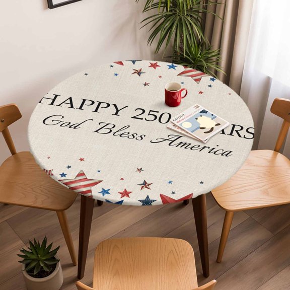 Round Fitted Tablecloth with Elastic Edge, Independence Day Farm Star on Burlap Fitted Table Cloth for Round Tables, Patriotic Stars Stripes Waterproof Tablecloth for Outdoor Picnic Party 45-54in