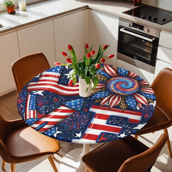 Round Fitted Tablecloth with Elastic Edge, Independence Day Patriotic Fitted Table Cloth for Round Tables, Love Quote Abstract Waterproof Tablecloth for Outdoor Picnic Party 36-44in