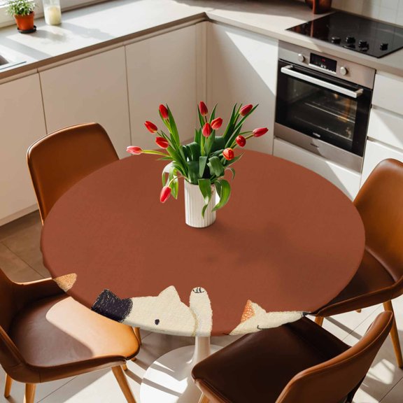 Round Fitted Tablecloth with Elastic Edge, Japanese Cute Cats Fitted Table Cloth for Round Tables, Watercolor Kitty on Orange Waterproof Tablecloth for Outdoor Picnic Party 36-44in