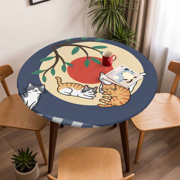 Round Fitted Tablecloth with Elastic Edge, Japanese Style Cat Fitted Table Cloth for Round Tables, Cute Kitty on Blue Background Waterproof Tablecloth for Outdoor Picnic Party 45-54in