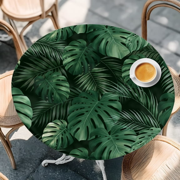 Round Fitted Tablecloth with Elastic Edge, Jungle Rainforest Botanical Leaves Waterproof Oil-Proof Table Cover, Green Foliage on Black Circle Table Cloth for Indoor Outdoor Picnic Party 36"x44"