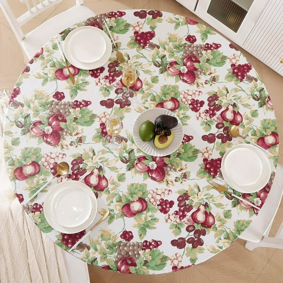 Round Fitted Tablecloth with Elastic Edge, Kvago Reusable Plastic Table Protector, Waterproof Table Cover Fits 36"-43" Round Tables for Home Dinner Picnic Party (Fruits)