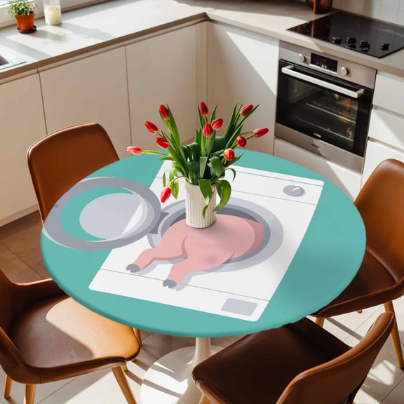 Round Fitted Tablecloth with Elastic Edge, Laundry Room Pink Pig Washing Machine Fitted Table Cloth for Round Tables, Teal Background Waterproof Tablecloth for Outdoor Picnic Party 36-44in