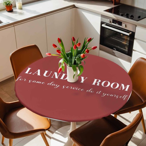Round Fitted Tablecloth with Elastic Edge, Laundry Room Words Fitted Table Cloth for Round Tables, Minimalist Red Background Waterproof Tablecloth for Outdoor Picnic Party 36-44in