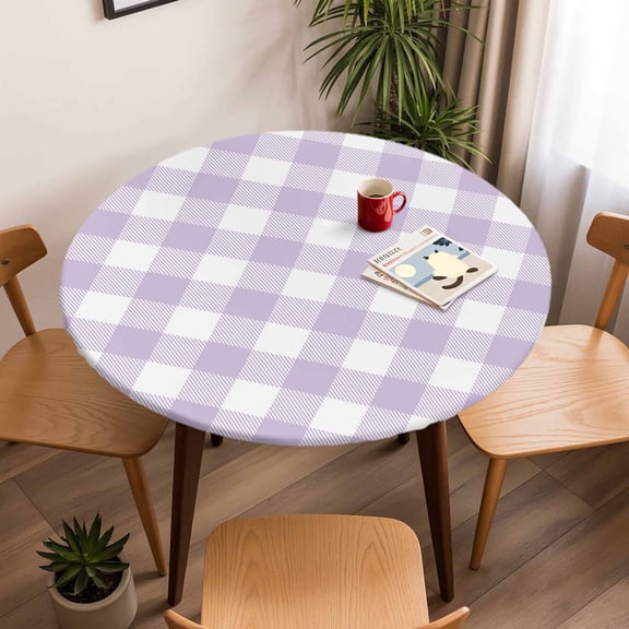 Round Fitted Tablecloth with Elastic Edge, Lavender Purple Grid Fitted Table Cloth for Round Tables, Farm Pastoral Theme Waterproof Tablecloth for Outdoor Picnic Party 45-54in